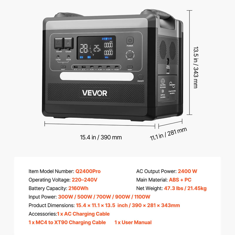 VEVOR portatīvā elektrostacija 2400 W, 2160 Wh, saules ģenerators ar 10 izejām un regulējamu ieejas jaudu, paplašināms LiFePO4 akumulatora rezerves barošanas risinājums mājai, kempingam un kemperiem (saules panelis nav iekļauts)