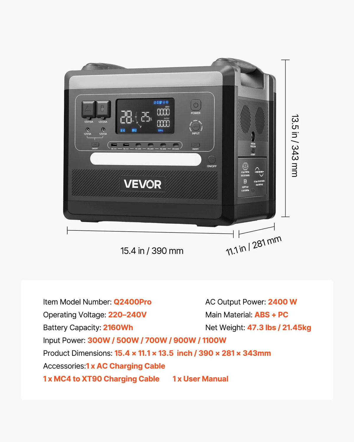VEVOR Uzlādes stacija 2400W/2160Wh — paplašināma