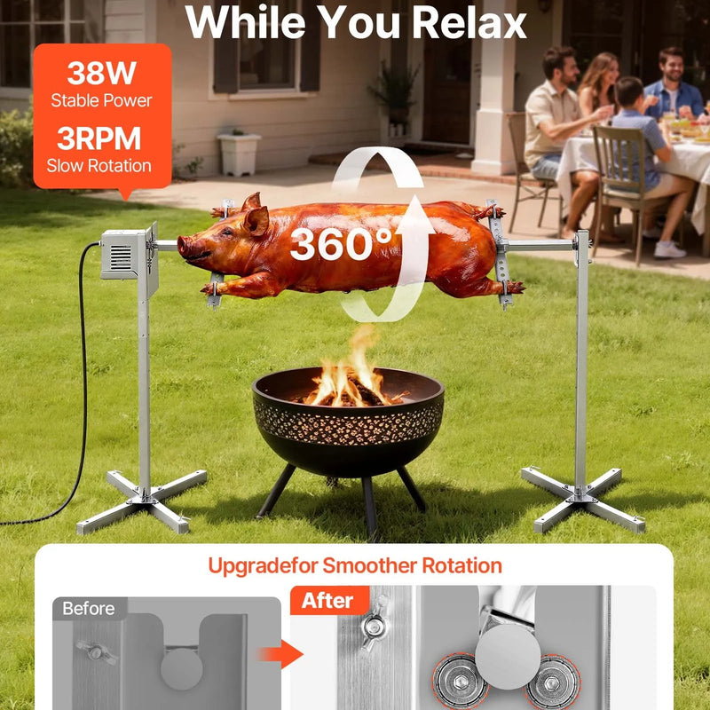 VEVOR elektriskais rotācijas grils AC 220–240 V ar 8 augstuma līmeņiem, 38 W motoru, nerūsējošā tērauda konstrukciju un maksimālo slodzi 40 kg, automātisks BBQ grila komplekts ballītēm ārpus telpām