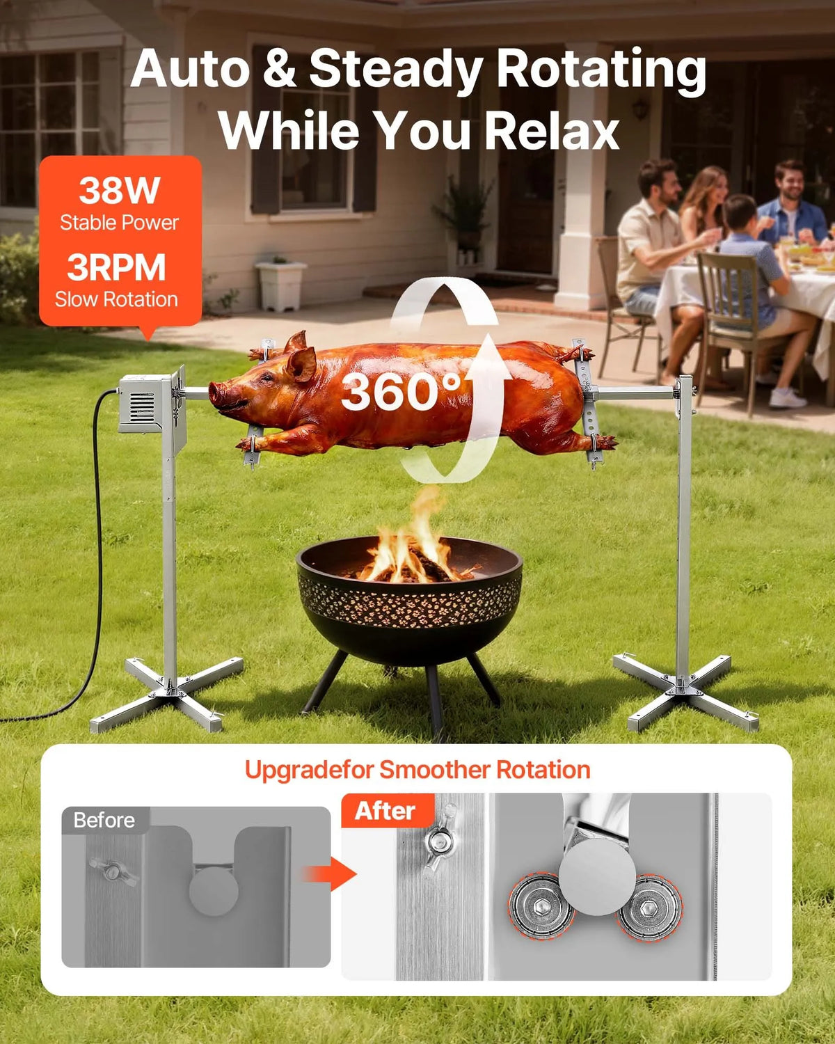 VEVOR Electric Rotisserie Grill AC 220–240 V with 8 Height Levels, 38 W Motor, Stainless Steel Construction and 40 kg Max Load, Automatic BBQ Grill Kit for Outdoor Parties