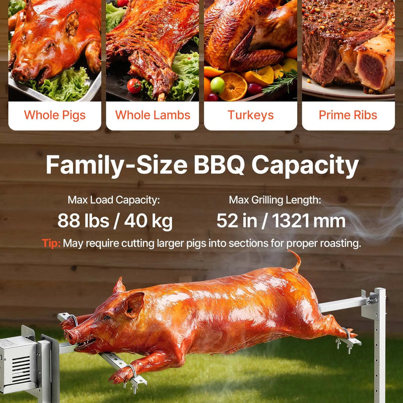 VEVOR elektriskais rotācijas grils AC 220–240 V ar 8 augstuma līmeņiem, 38 W motoru, nerūsējošā tērauda konstrukciju un maksimālo slodzi 40 kg, automātisks BBQ grila komplekts ballītēm ārpus telpām
