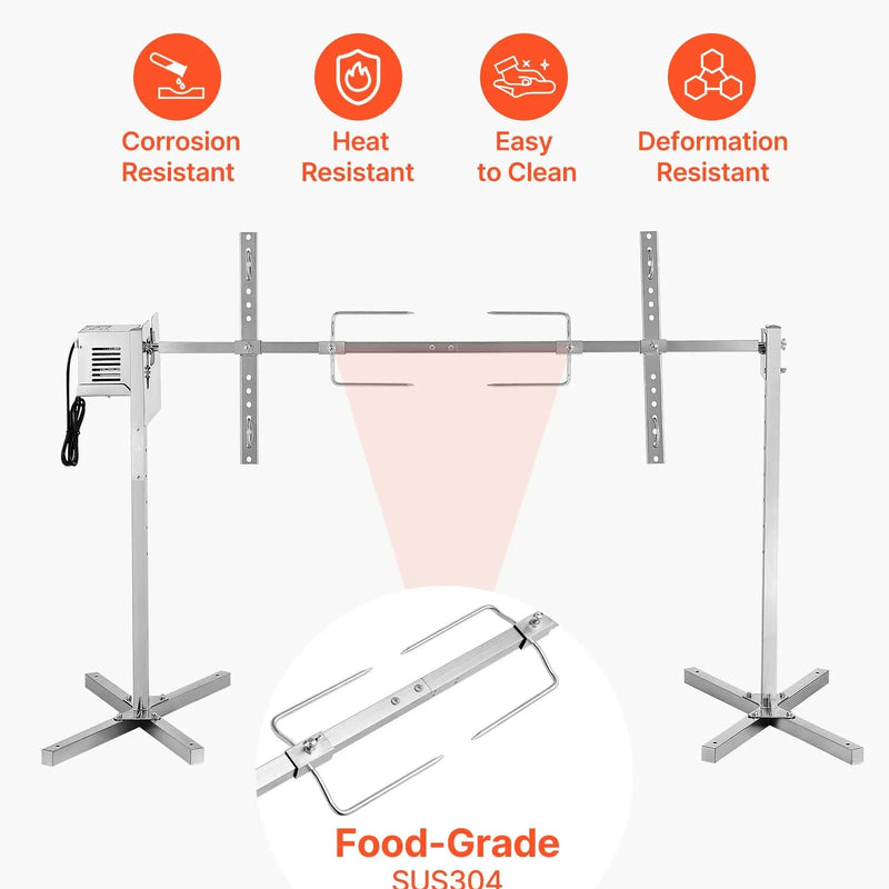 VEVOR elektriskais rotācijas grils AC 220–240 V ar 8 augstuma līmeņiem, 38 W motoru, nerūsējošā tērauda konstrukciju un maksimālo slodzi 40 kg, automātisks BBQ grila komplekts ballītēm ārpus telpām