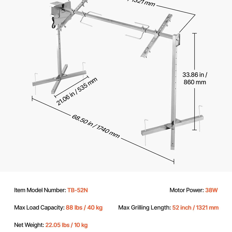 VEVOR elektriskais rotācijas grils AC 220–240 V ar 8 augstuma līmeņiem, 38 W motoru, nerūsējošā tērauda konstrukciju un maksimālo slodzi 40 kg, automātisks BBQ grila komplekts ballītēm ārpus telpām