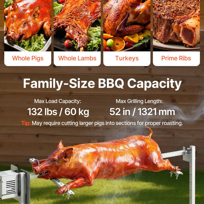 VEVOR elektriskais rotācijas grils AC 220–240 V ar 8 augstuma līmeņiem, 38 W motoru, nerūsējošā tērauda konstrukciju un maksimālo slodzi 60 kg, automātisks BBQ grila komplekts pasākumiem