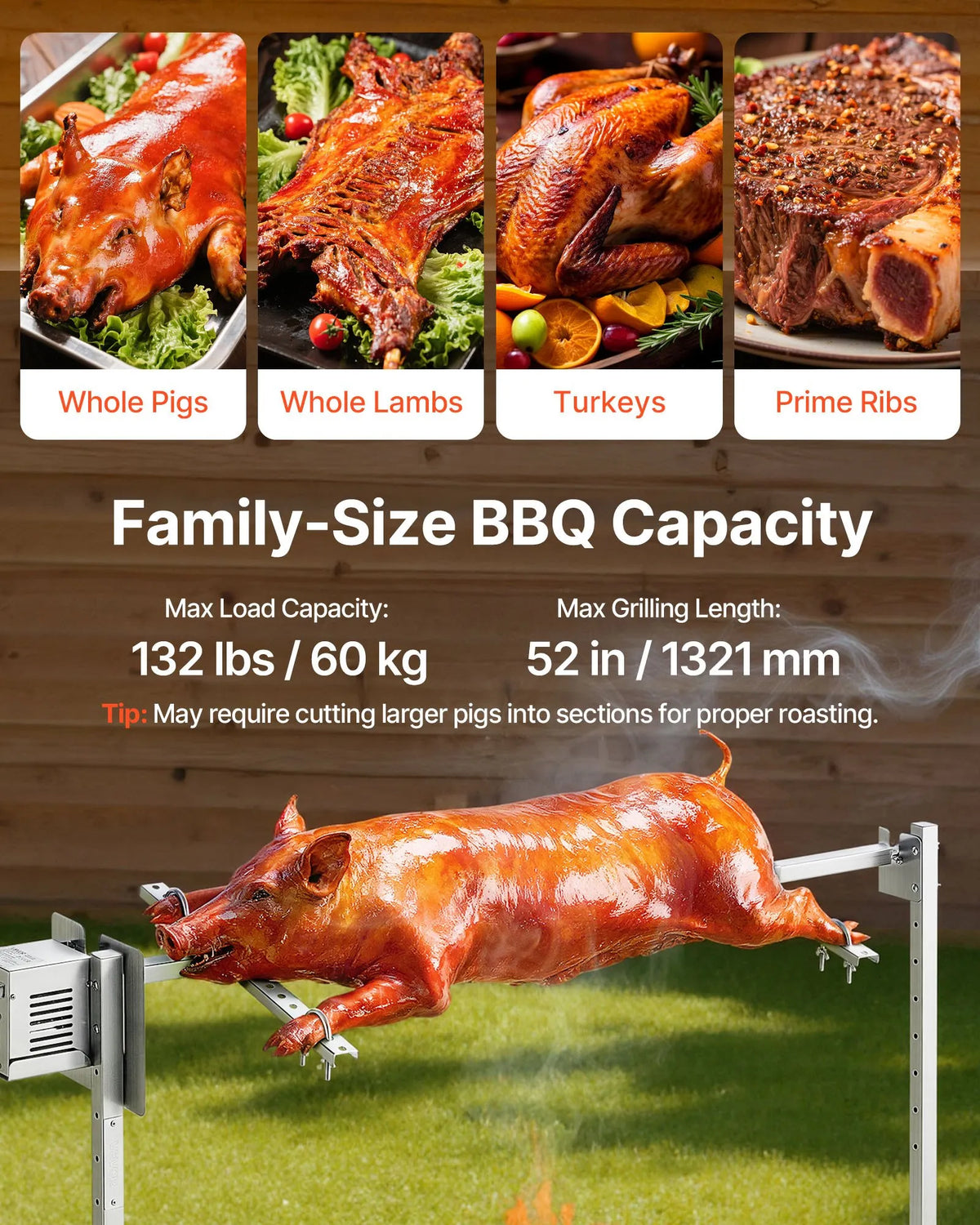 VEVOR Electric Rotisserie Grill AC 220–240 V with 8 Height Levels, 38 W Motor, Stainless Steel Construction and 60 kg Maximum Load, Automatic BBQ Grill Kit for Events