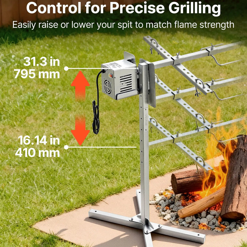 VEVOR elektriskais rotācijas grils AC 220–240 V ar 8 augstuma līmeņiem, 38 W motoru, nerūsējošā tērauda konstrukciju un maksimālo slodzi 60 kg, automātisks BBQ grila komplekts pasākumiem