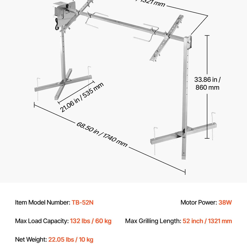 VEVOR elektriskais rotācijas grils AC 220–240 V ar 8 augstuma līmeņiem, 38 W motoru, nerūsējošā tērauda konstrukciju un maksimālo slodzi 60 kg, automātisks BBQ grila komplekts pasākumiem
