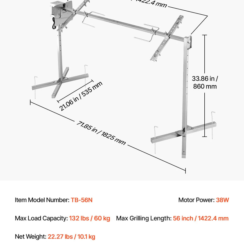VEVOR elektriskais rotācijas grils AC 220–240 V ar 8 augstuma līmeņiem, 38 W motoru, nerūsējošā tērauda konstrukciju un maksimālo slodzi 60 kg, automātisks BBQ grila komplekts pasākumiem