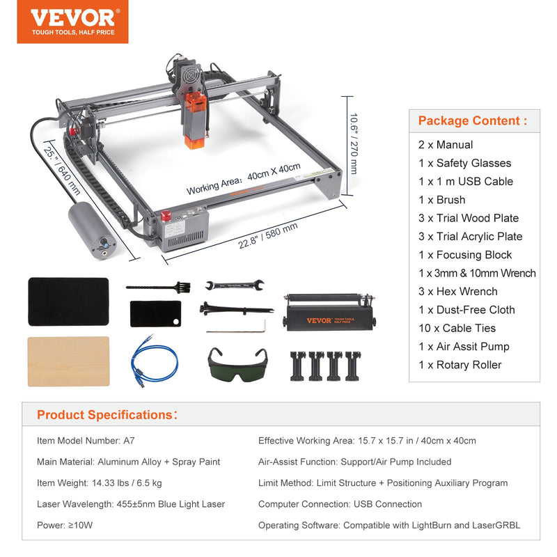 VEVOR Lāzera Gravētājs – 10W Kompresēta Stara Lāzera Gravēšanas Mašīna ar Rotējošo Rullīti