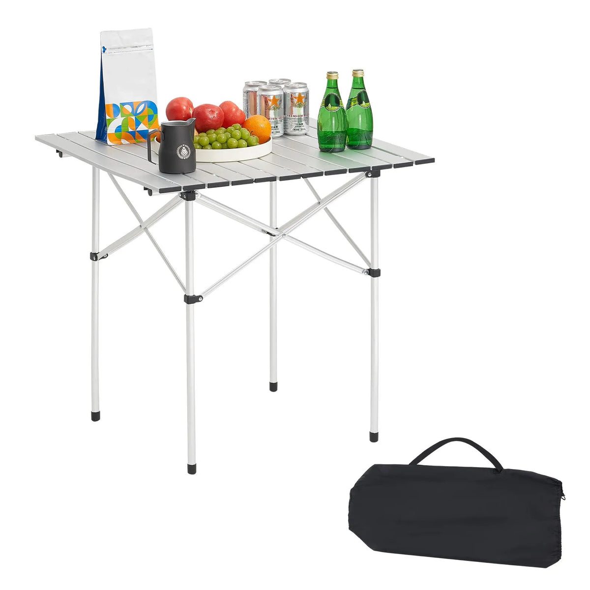 Folding Camping Table, Lightweight Portable Aluminium Table with Rolling Surface, Compact Design with Carry Bag, Suitable for Outdoor Cooking, Picnics, Travelling and Beach Relaxation, Silver VEVOR