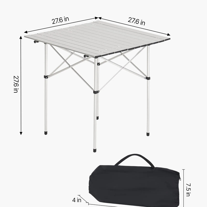 Saliekamais kempinga galds, viegls pārnēsājams alumīnija galds ar rullējamu virsmu, kompakts dizains ar pārnēsāšanas somu, piemērots āra gatavošanai, piknikiem, ceļojumiem un atpūtai pludmalē, sudraba krāsā