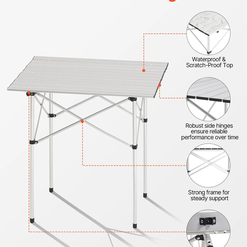 Saliekamais kempinga galds, viegls pārnēsājams alumīnija galds ar rullējamu virsmu, kompakts dizains ar pārnēsāšanas somu, piemērots āra gatavošanai, piknikiem, ceļojumiem un atpūtai pludmalē, sudraba krāsā