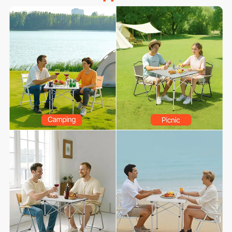 Saliekamais kempinga galds, viegls pārnēsājams alumīnija galds ar rullējamu virsmu, kompakts dizains ar pārnēsāšanas somu, piemērots āra gatavošanai, piknikiem, ceļojumiem un atpūtai pludmalē, sudraba krāsā