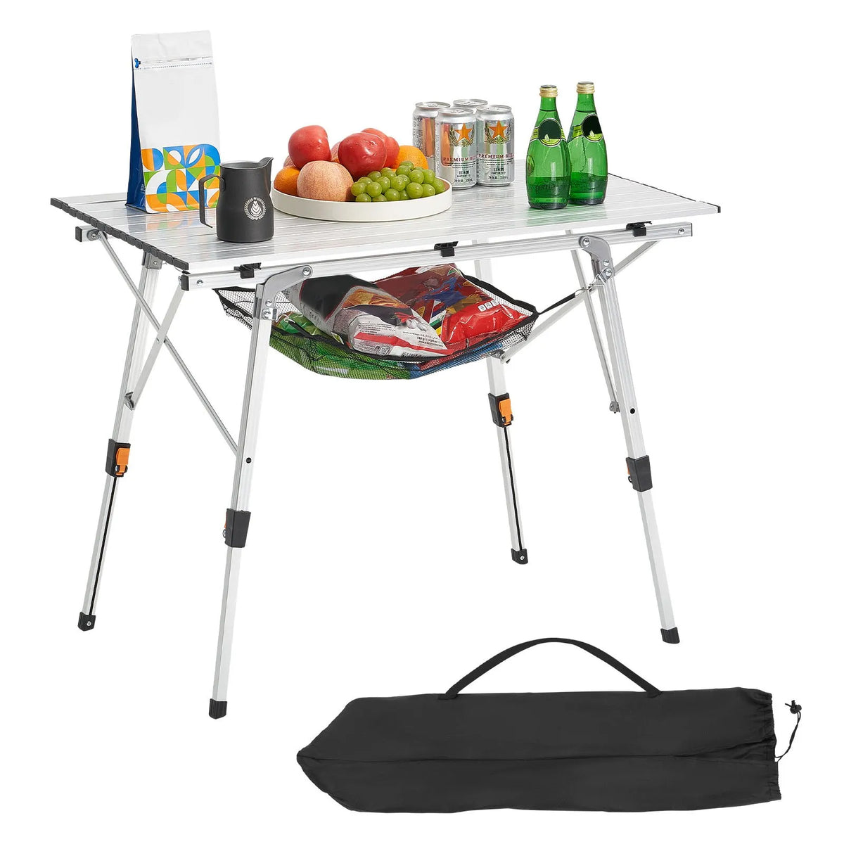 VEVOR Folding Camping Table, Lightweight Portable Aluminium Table with Adjustable Height, Mesh Top Shelf and Carry Bag, Suitable for Outdoor Grilling, Picnics and Camping, Silver