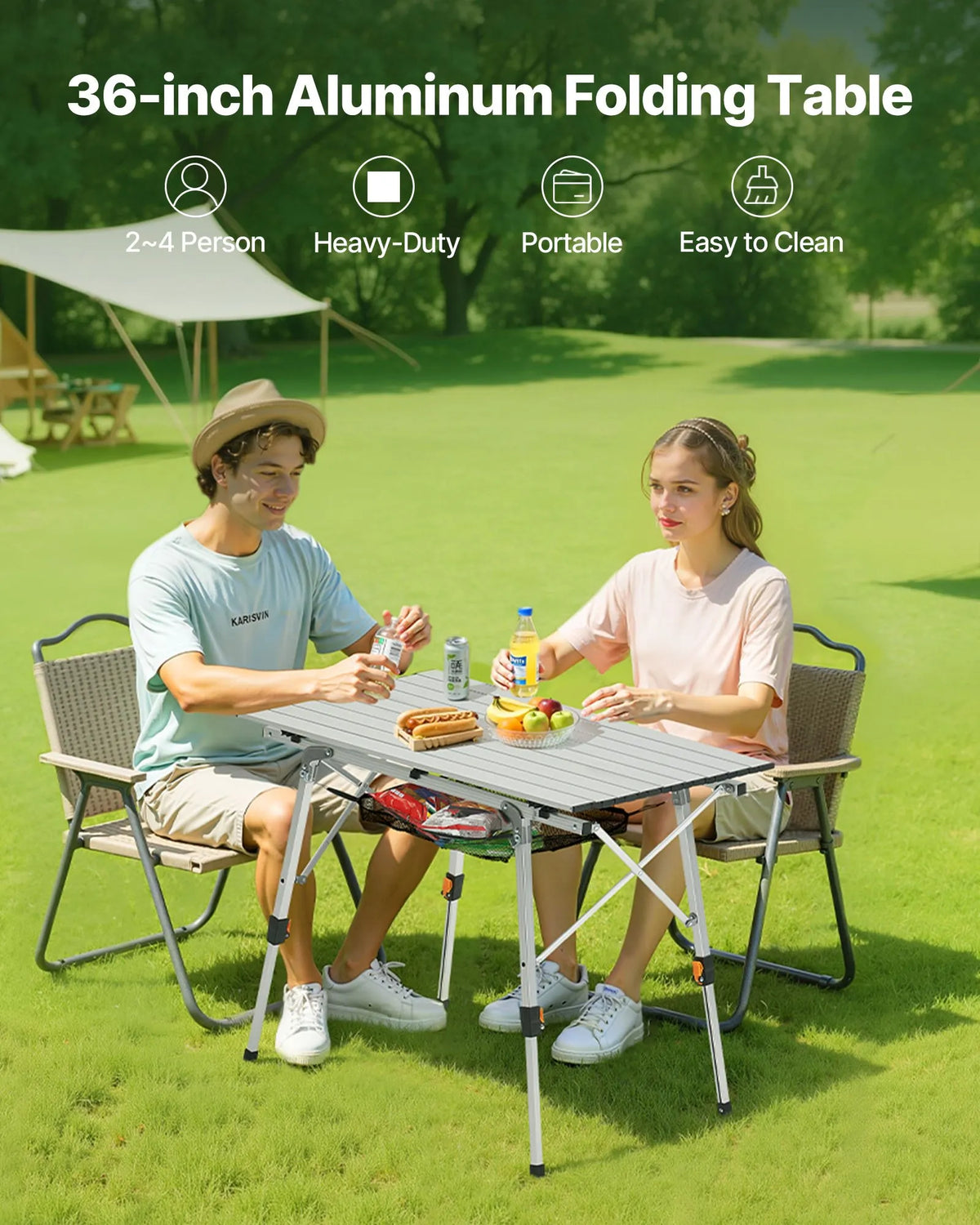 VEVOR Folding Camping Table, Lightweight Portable Aluminium Table with Adjustable Height, Mesh Top Shelf and Carry Bag, Suitable for Outdoor Grilling, Picnics and Camping, Silver