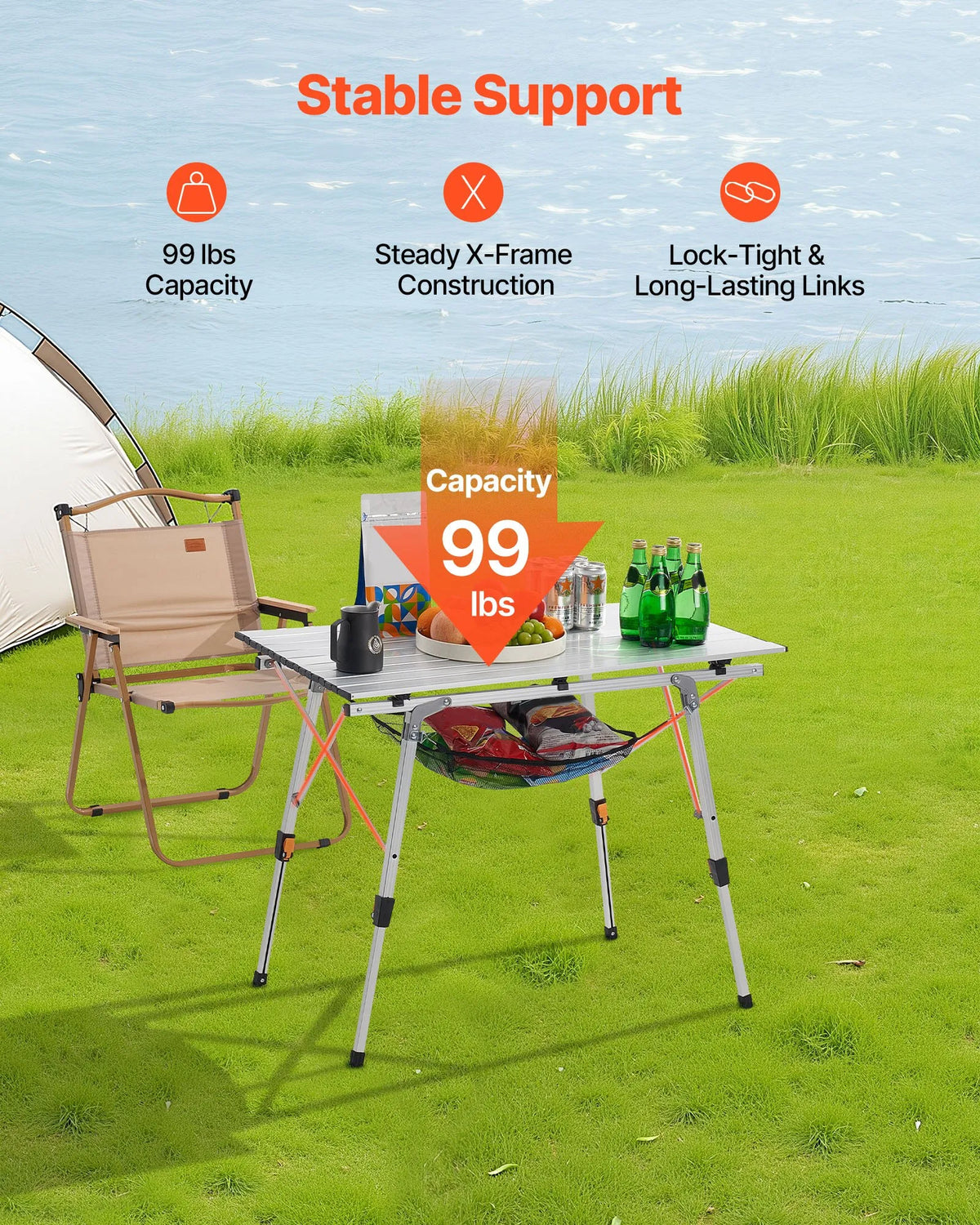 VEVOR Folding Camping Table, Lightweight Portable Aluminium Table with Adjustable Height, Mesh Top Shelf and Carry Bag, Suitable for Outdoor Grilling, Picnics and Camping, Silver