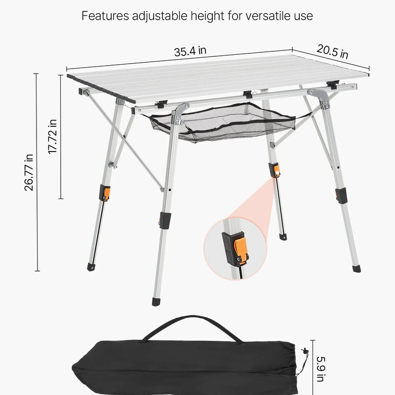 Saliekamais kempinga galds, viegls pārnēsājams alumīnija galds ar regulējamu augstumu, augšējo sieta plauktu un pārnēsāšanas somu, piemērots āra grilēšanai, piknikiem un ceļojumiem, sudraba krāsā