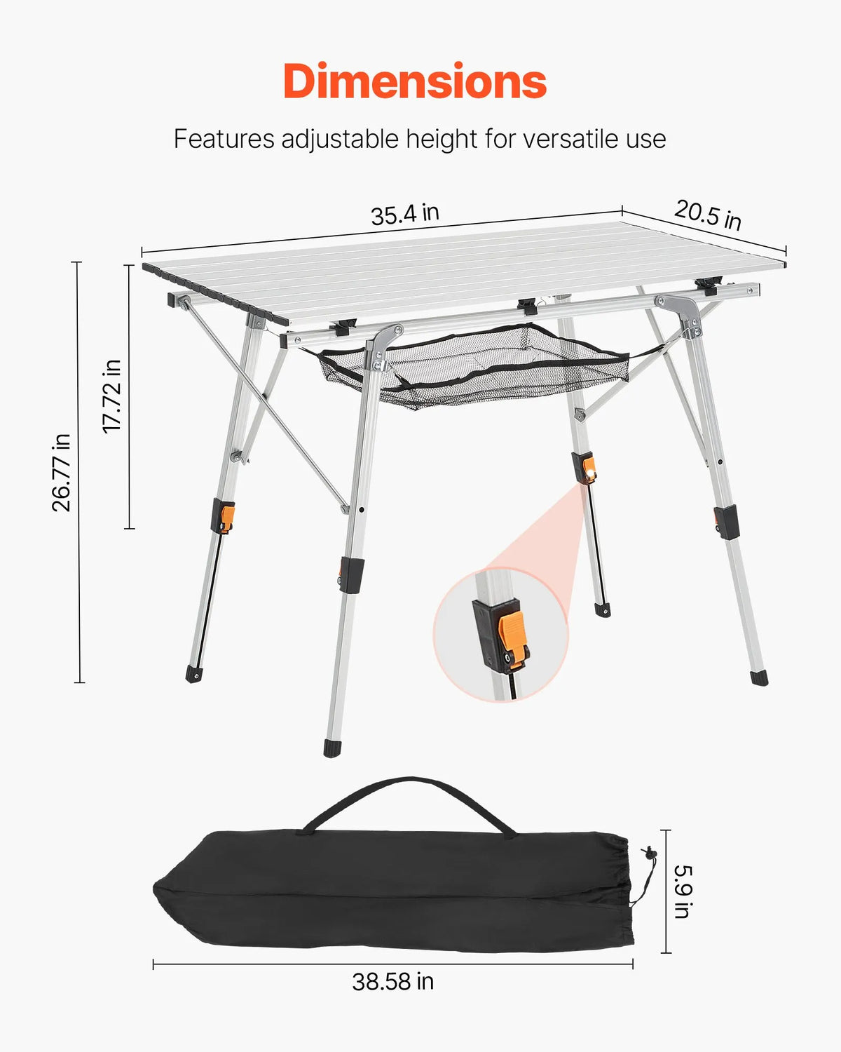 VEVOR Folding Camping Table, Lightweight Portable Aluminium Table with Adjustable Height, Mesh Top Shelf and Carry Bag, Suitable for Outdoor Grilling, Picnics and Camping, Silver