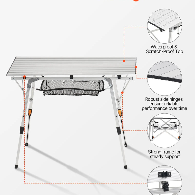 Saliekamais kempinga galds, viegls pārnēsājams alumīnija galds ar regulējamu augstumu, augšējo sieta plauktu un pārnēsāšanas somu, piemērots āra grilēšanai, piknikiem un ceļojumiem, sudraba krāsā
