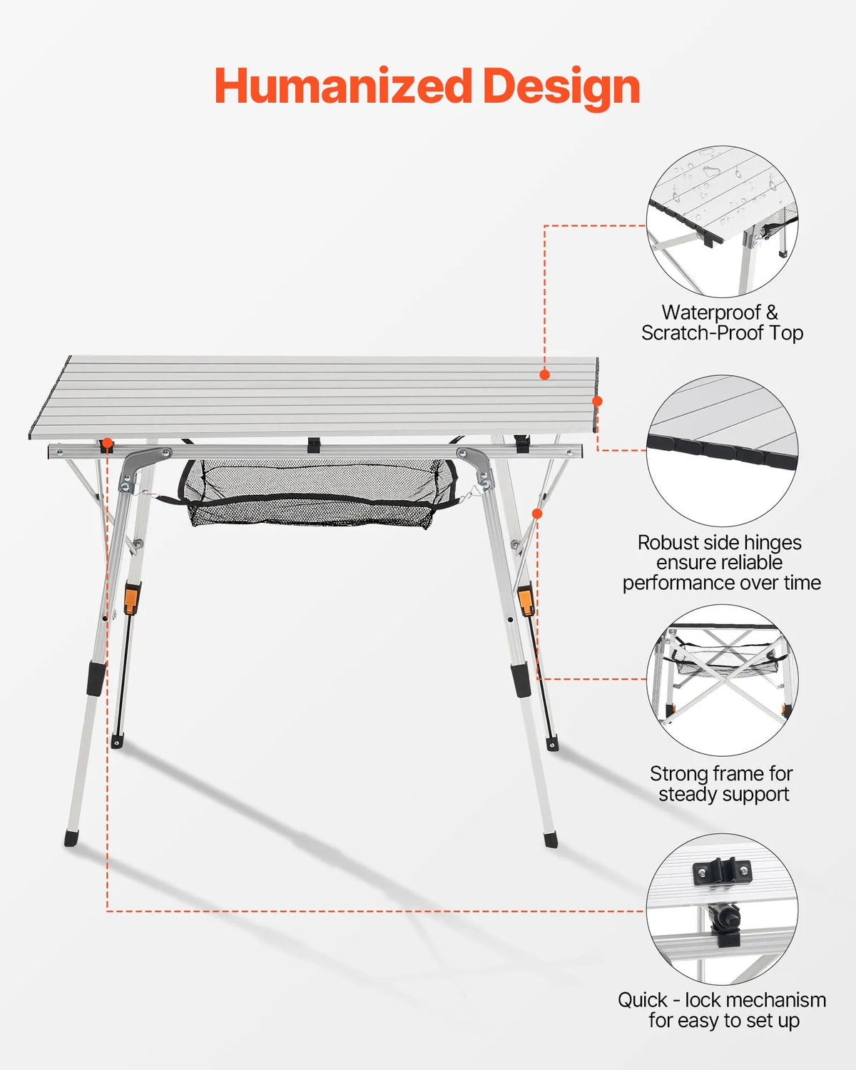 VEVOR Folding Camping Table, Lightweight Portable Aluminium Table with Adjustable Height, Mesh Top Shelf and Carry Bag, Suitable for Outdoor Grilling, Picnics and Camping, Silver