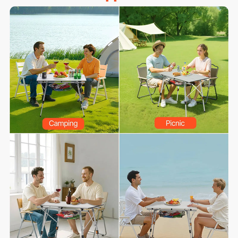 Saliekamais kempinga galds, viegls pārnēsājams alumīnija galds ar regulējamu augstumu, augšējo sieta plauktu un pārnēsāšanas somu, piemērots āra grilēšanai, piknikiem un ceļojumiem, sudraba krāsā