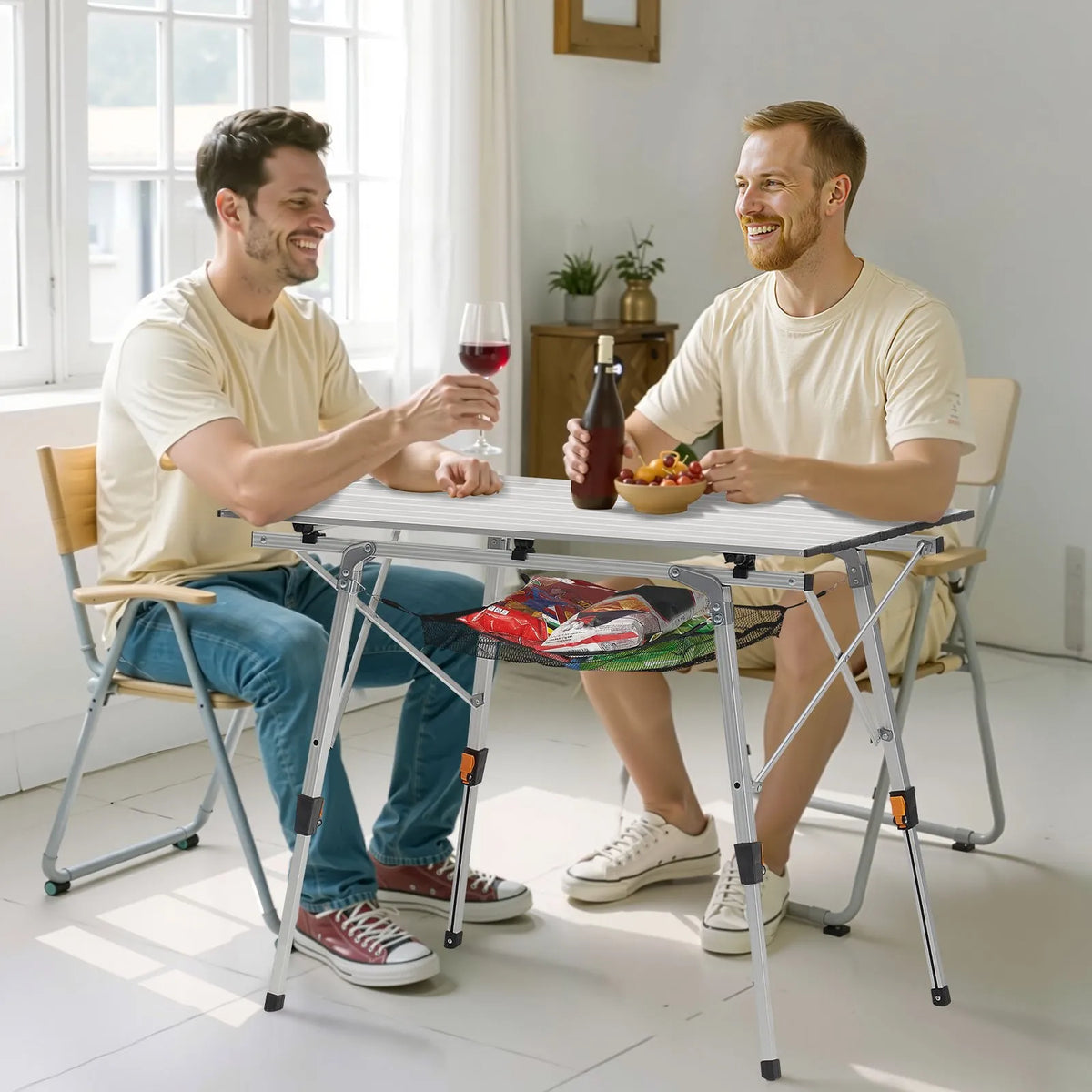 VEVOR Folding Camping Table, Lightweight Portable Aluminium Table with Adjustable Height, Mesh Top Shelf and Carry Bag, Suitable for Outdoor Grilling, Picnics and Camping, Silver
