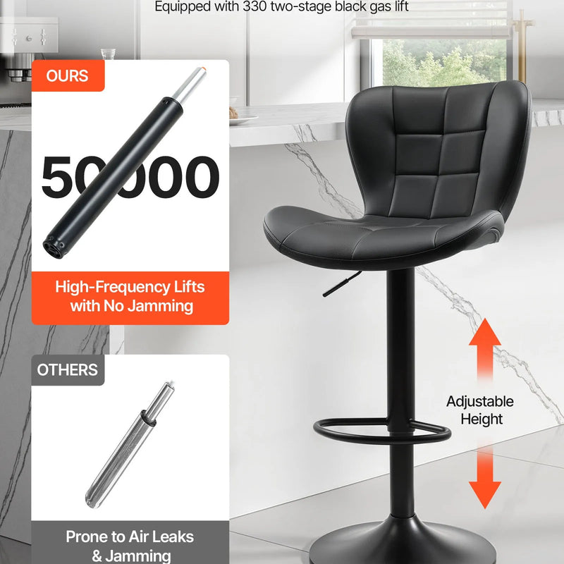VEVOR 2 gab. mūsdienīgi bāra krēsli ar PU ādas apdari, regulējamu augstumu, grozāmu sēdvietu, atzveltni un kāju balstu, melni