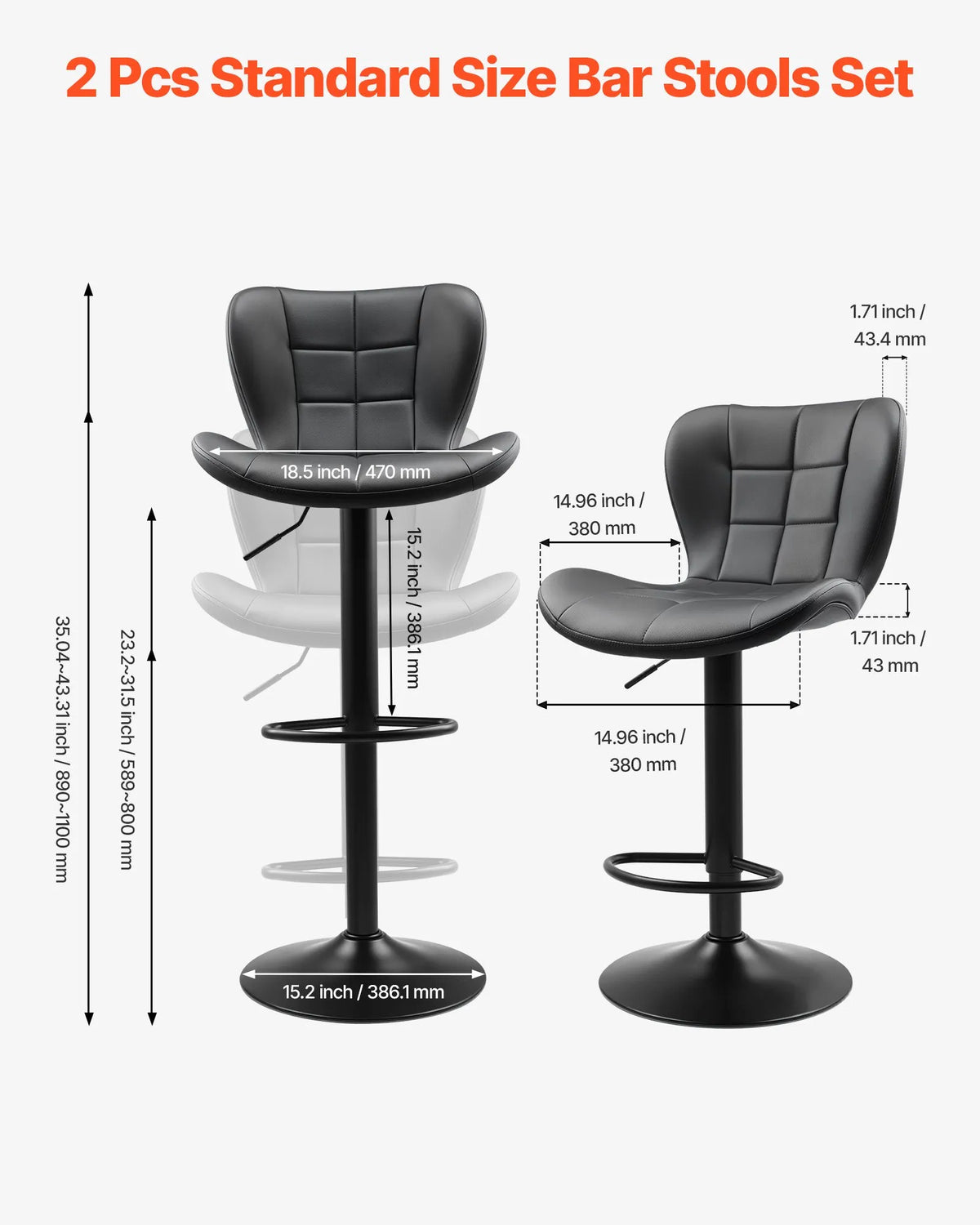 VEVOR 2 pcs Modern Bar Stools with PU Leather Upholstery, Adjustable Height, Swivel Seat, Backrest and Footrest, Black
