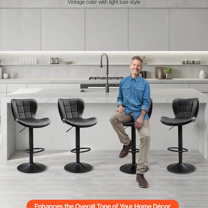 VEVOR 2 gab. mūsdienīgi bāra krēsli ar PU ādas apdari, regulējamu augstumu, grozāmu sēdvietu, atzveltni un kāju balstu, melni