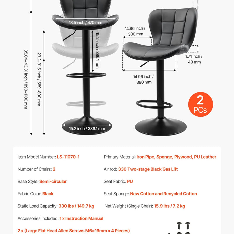 VEVOR 2 gab. mūsdienīgi bāra krēsli ar PU ādas apdari, regulējamu augstumu, grozāmu sēdvietu, atzveltni un kāju balstu, melni
