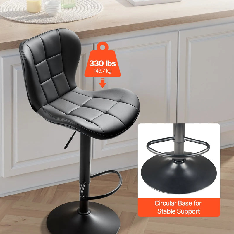 VEVOR bāra krēslu komplekts (4 gab.), moderni augstuma regulējami grozāmi krēsli ar atzveltni un kāju balstu, PU ādas apdari, bez roku balstiem, piemēroti virtuves salai, bāra letei vai ēdamistabai, melni