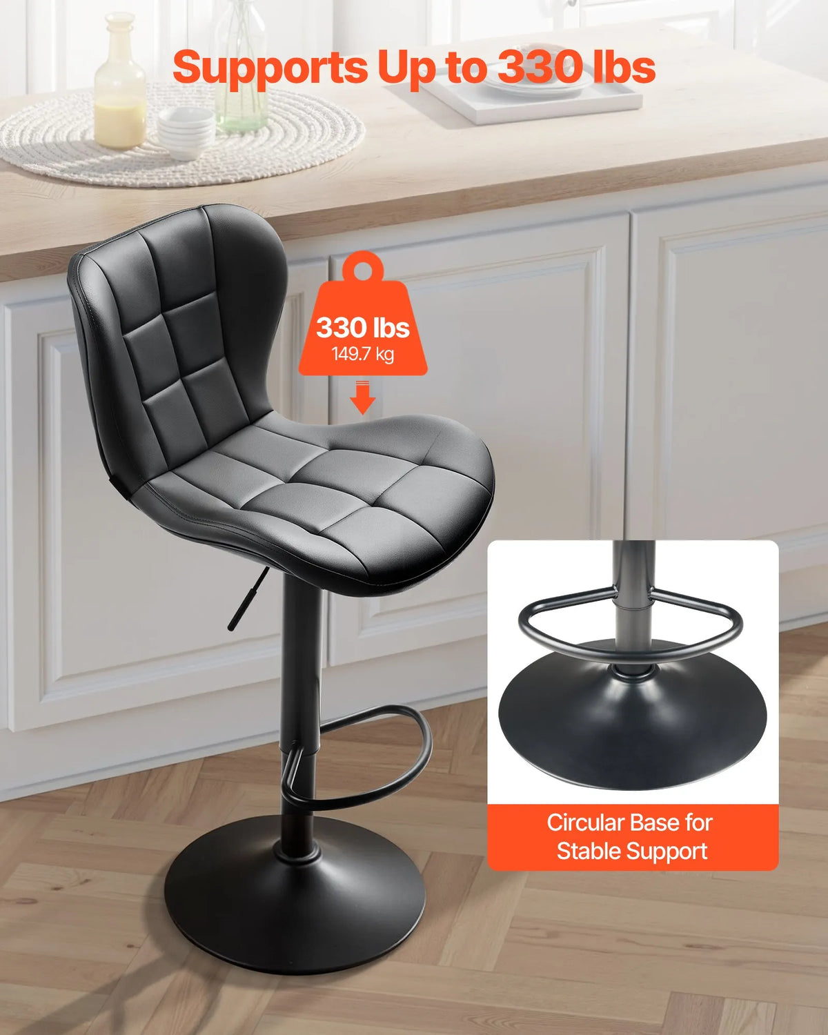 VEVOR Bar Stool Set (4 pcs), Modern Height Adjustable Swivel Chairs with Backrest and Footrest, PU Leather Upholstery, No Armrests, Suitable for Kitchen Island, Bar Counter or Dining Room, Black