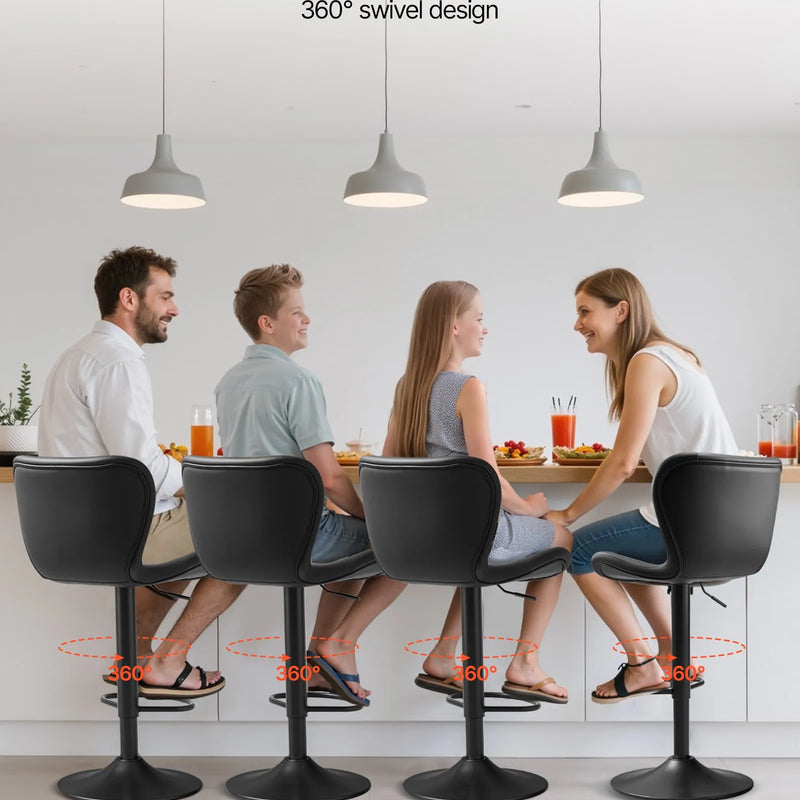 VEVOR bāra krēslu komplekts (4 gab.), moderni augstuma regulējami grozāmi krēsli ar atzveltni un kāju balstu, PU ādas apdari, bez roku balstiem, piemēroti virtuves salai, bāra letei vai ēdamistabai, melni
