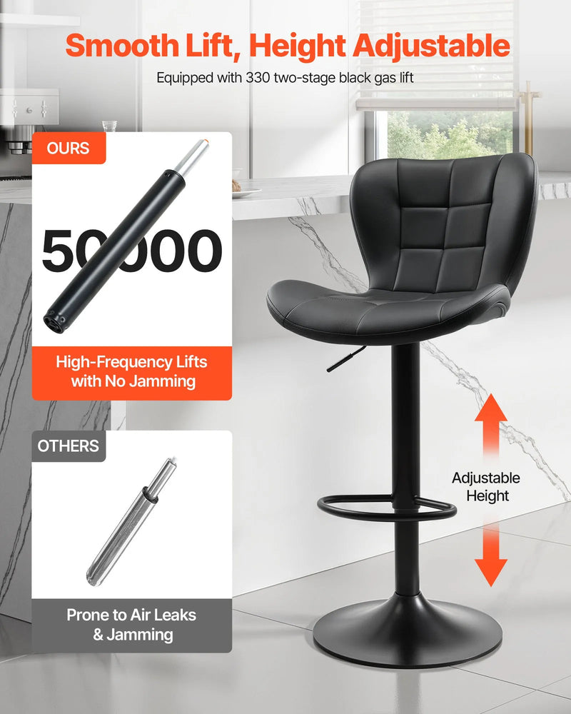 VEVOR bāra krēslu komplekts (4 gab.), moderni augstuma regulējami grozāmi krēsli ar atzveltni un kāju balstu, PU ādas apdari, bez roku balstiem, piemēroti virtuves salai, bāra letei vai ēdamistabai, melni