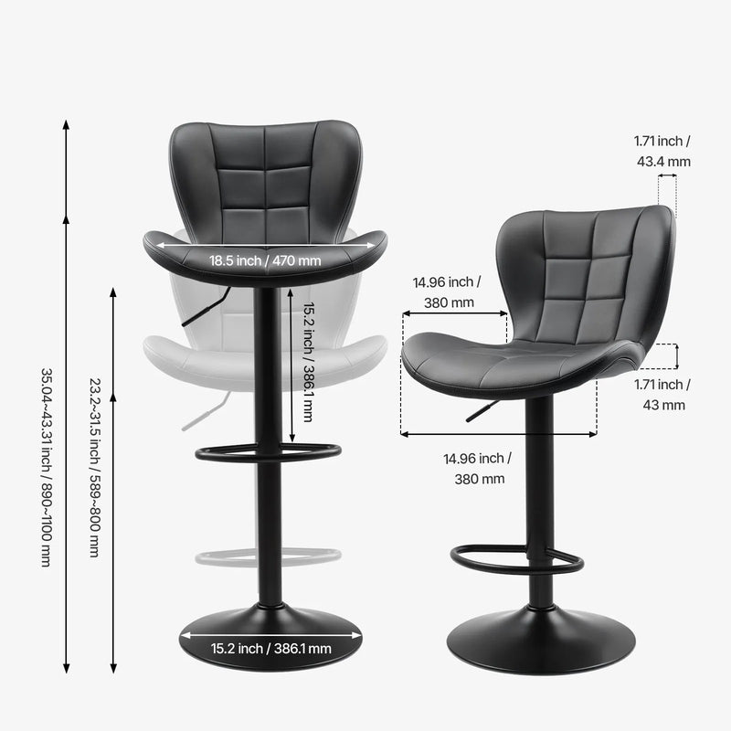 VEVOR bāra krēslu komplekts (4 gab.), moderni augstuma regulējami grozāmi krēsli ar atzveltni un kāju balstu, PU ādas apdari, bez roku balstiem, piemēroti virtuves salai, bāra letei vai ēdamistabai, melni