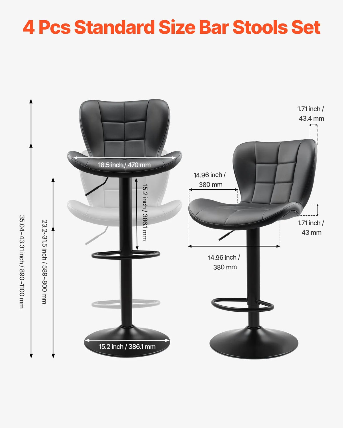 VEVOR Bar Stool Set (4 pcs), Modern Height Adjustable Swivel Chairs with Backrest and Footrest, PU Leather Upholstery, No Armrests, Suitable for Kitchen Island, Bar Counter or Dining Room, Black