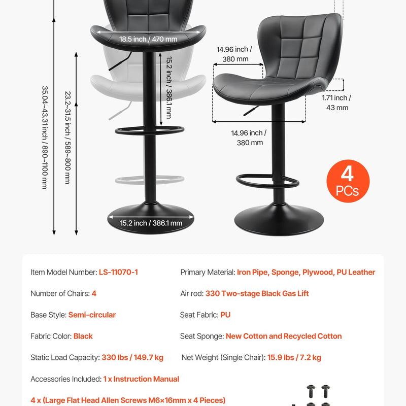 VEVOR bāra krēslu komplekts (4 gab.), moderni augstuma regulējami grozāmi krēsli ar atzveltni un kāju balstu, PU ādas apdari, bez roku balstiem, piemēroti virtuves salai, bāra letei vai ēdamistabai, melni
