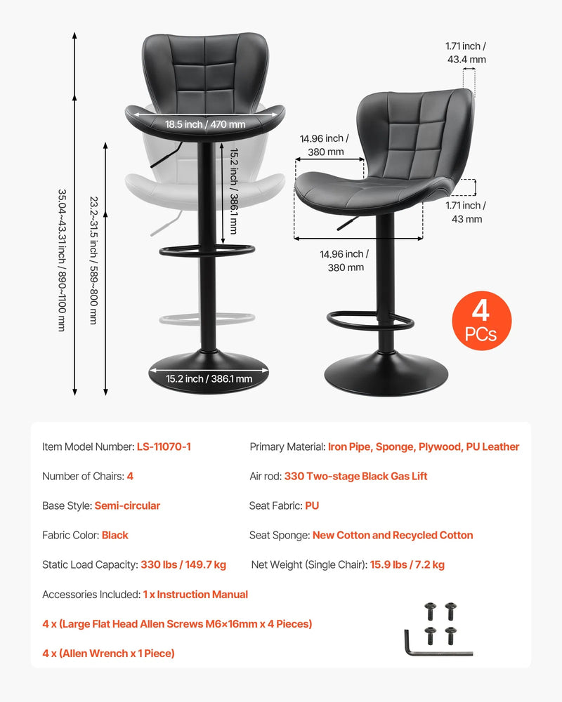 VEVOR bāra krēslu komplekts (4 gab.), moderni augstuma regulējami grozāmi krēsli ar atzveltni un kāju balstu, PU ādas apdari, bez roku balstiem, piemēroti virtuves salai, bāra letei vai ēdamistabai, melni