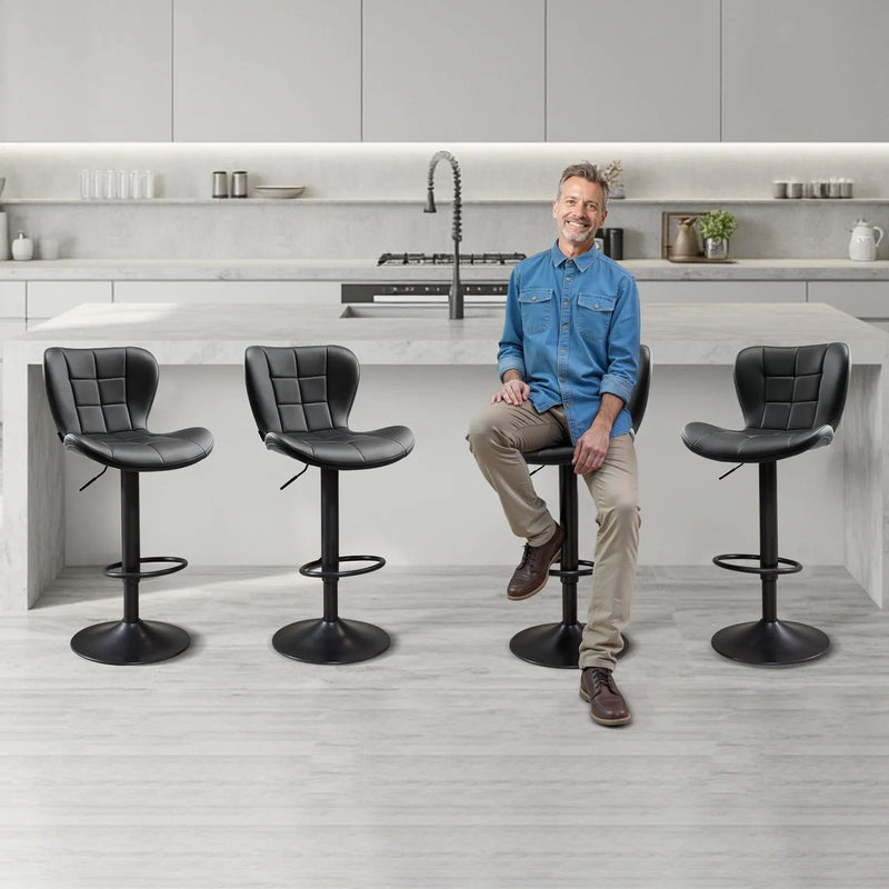 VEVOR bāra krēslu komplekts (4 gab.), moderni augstuma regulējami grozāmi krēsli ar atzveltni un kāju balstu, PU ādas apdari, bez roku balstiem, piemēroti virtuves salai, bāra letei vai ēdamistabai, melni