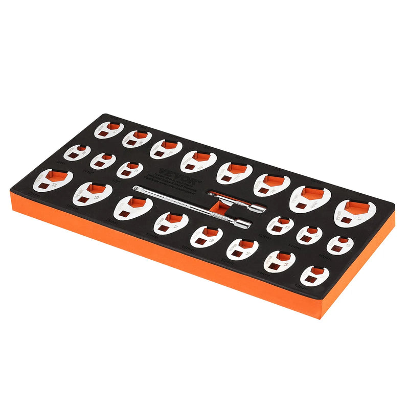 9,5 mm pieslēguma "crowfoot" tipa 24 gab. atslēgu komplekts ar 2 pagarinātājiem, SAE 9,5–25,4 mm un metriski 10–22 mm, CR-MO tērauds, ar EVA instrumentu organizētāju
