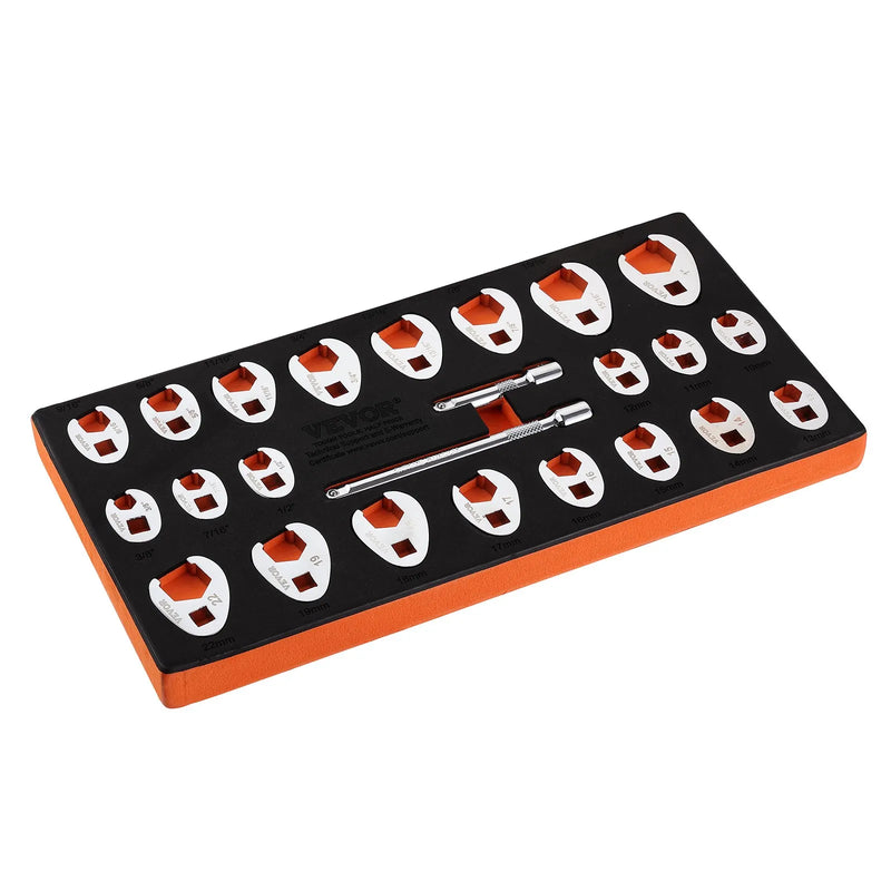 9,5 mm pieslēguma "crowfoot" tipa 24 gab. atslēgu komplekts ar 2 pagarinātājiem, SAE 9,5–25,4 mm un metriski 10–22 mm, CR-MO tērauds, ar EVA instrumentu organizētāju