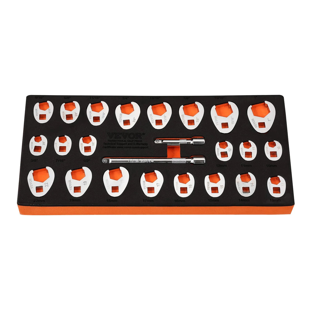 VEVOR Open-End Wrench Set, 9.5 mm Square Drive, with 2 Extensions, 24 Pieces, Sizes 10–25 mm, Cr-Mo Steel, with EVA Tool Organiser