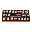 9,5 mm pieslēguma "crowfoot" tipa 24 gab. atslēgu komplekts ar 2 pagarinātājiem, SAE 9,5-25,4 mm un metriski 10-22 mm, CR-MO tērauds, ar EVA instrumentu organizētāju