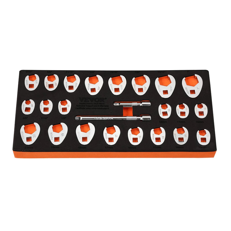 9,5 mm pieslēguma "crowfoot" tipa 24 gab. atslēgu komplekts ar 2 pagarinātājiem, SAE 9,5–25,4 mm un metriski 10–22 mm, CR-MO tērauds, ar EVA instrumentu organizētāju
