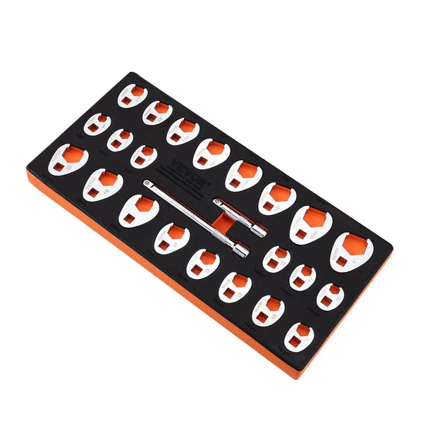 9,5 mm pieslēguma "crowfoot" tipa 24 gab. atslēgu komplekts ar 2 pagarinātājiem, SAE 9,5–25,4 mm un metriski 10–22 mm, CR-MO tērauds, ar EVA instrumentu organizētāju