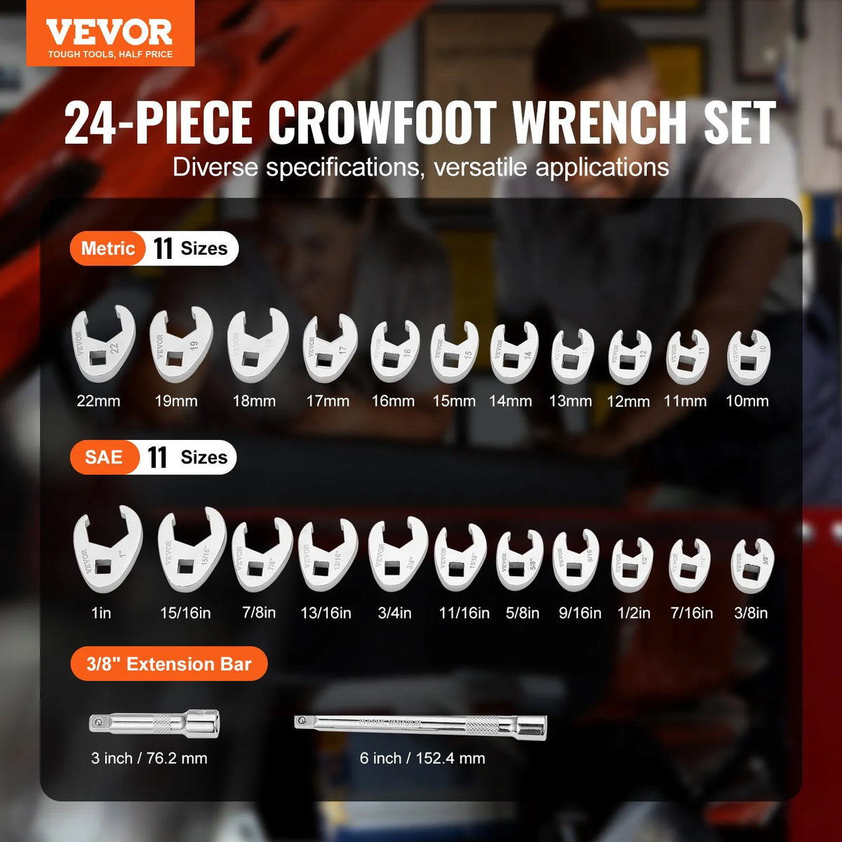 VEVOR Open-End Wrench Set, 9.5 mm Square Drive, with 2 Extensions, 24 Pieces, Sizes 10–25 mm, Cr-Mo Steel, with EVA Tool Organiser