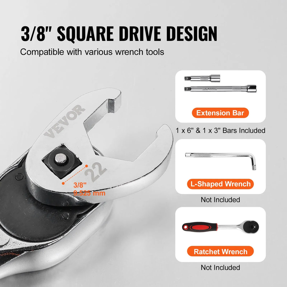 VEVOR Open-End Wrench Set, 9.5 mm Square Drive, with 2 Extensions, 24 Pieces, Sizes 10–25 mm, Cr-Mo Steel, with EVA Tool Organiser