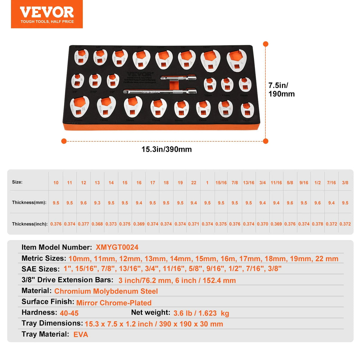 VEVOR Open-End Wrench Set, 9.5 mm Square Drive, with 2 Extensions, 24 Pieces, Sizes 10–25 mm, Cr-Mo Steel, with EVA Tool Organiser