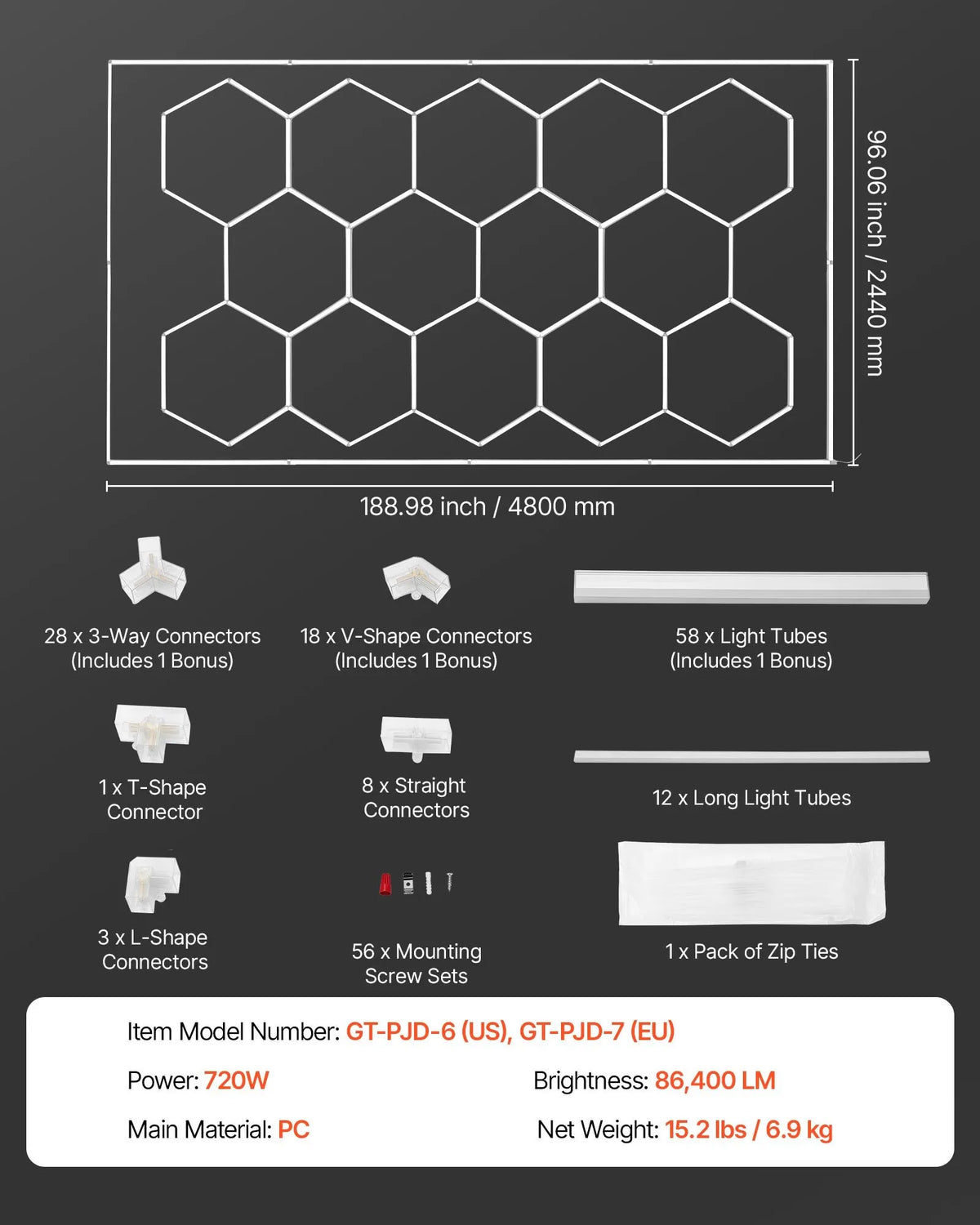 VEVOR sešstūru LED garāžas gaismeklis 720W, 86400lm, 6500K, 14 sekcijas