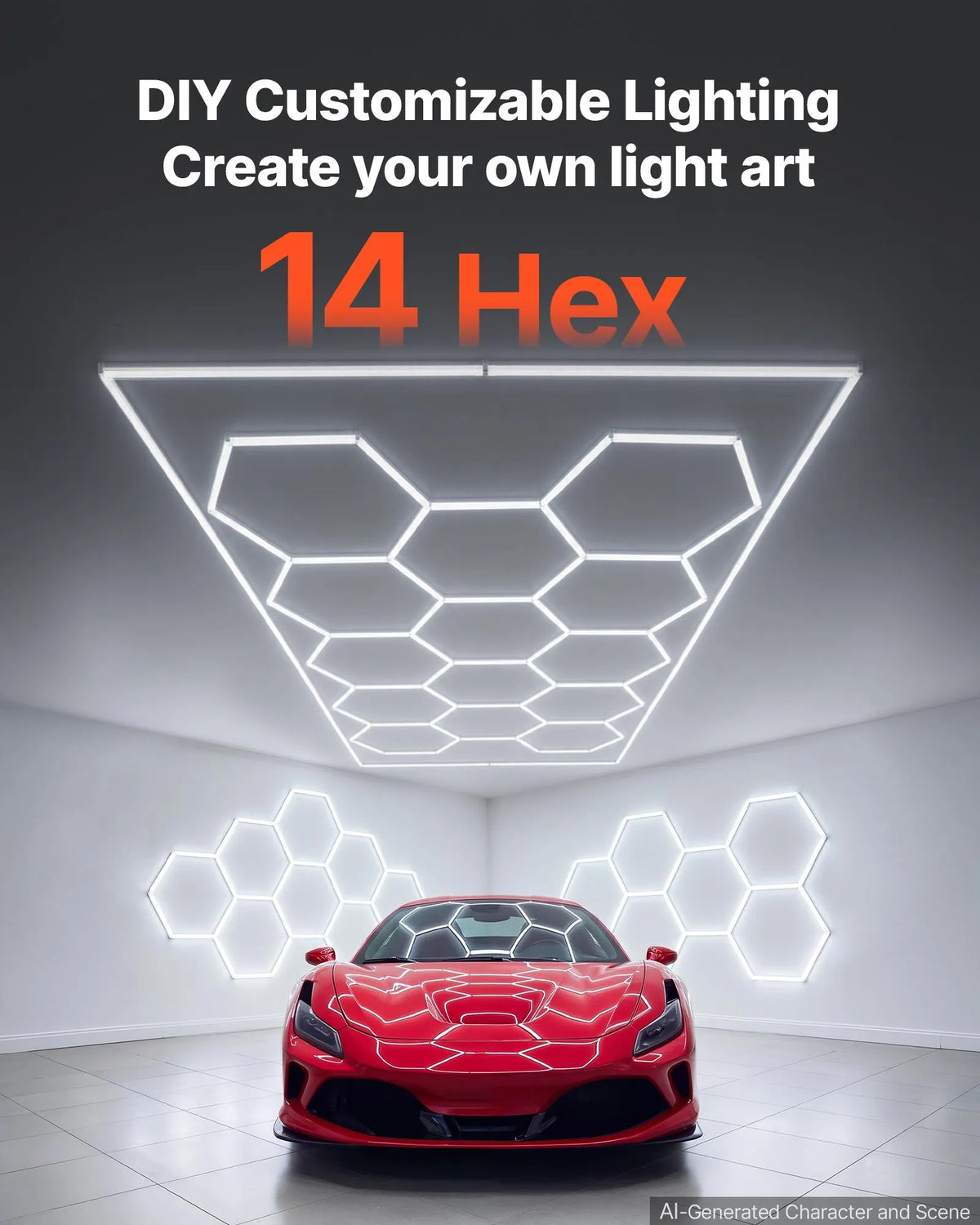 VEVOR sešstūru LED garāžas gaismeklis 672W, 80640lm, 6500K, 14 sekcijas